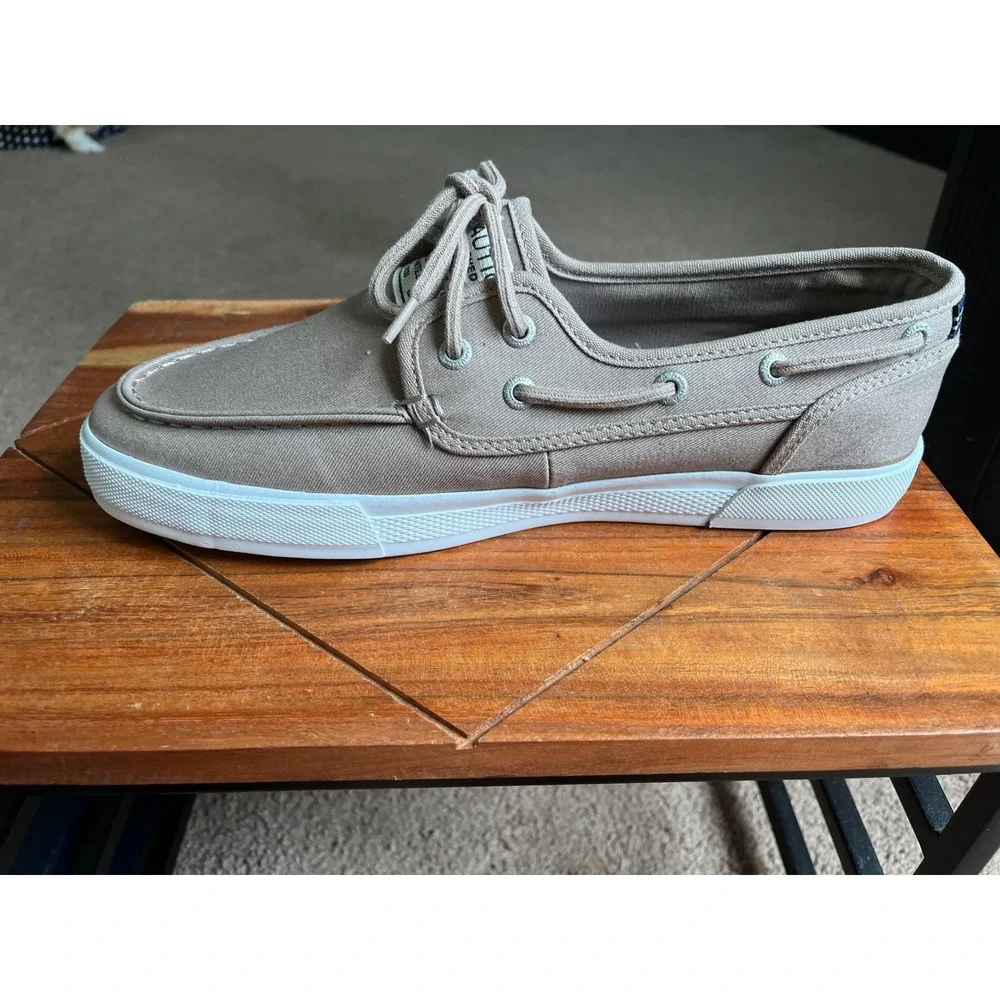 Nautica Spinnaker Twill Mens 9.5 Tan Boat Shoes Canvas Loafers NEW